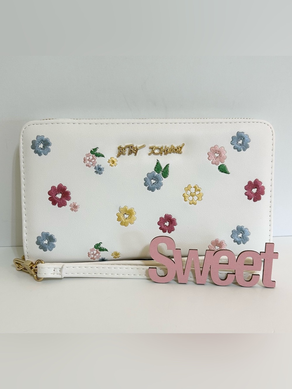Betsey Johnson White Crossbody with Multicolor Floral Embroidery